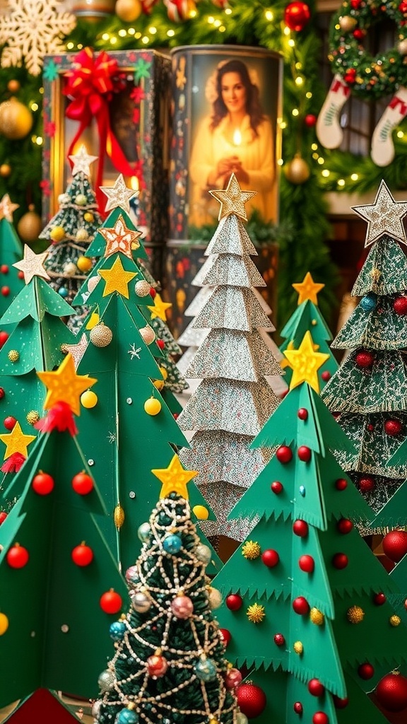 Creative Cardboard Christmas Tree Ideas A collection of creatively decorated cardboard Christmas trees in a festive holiday setting.